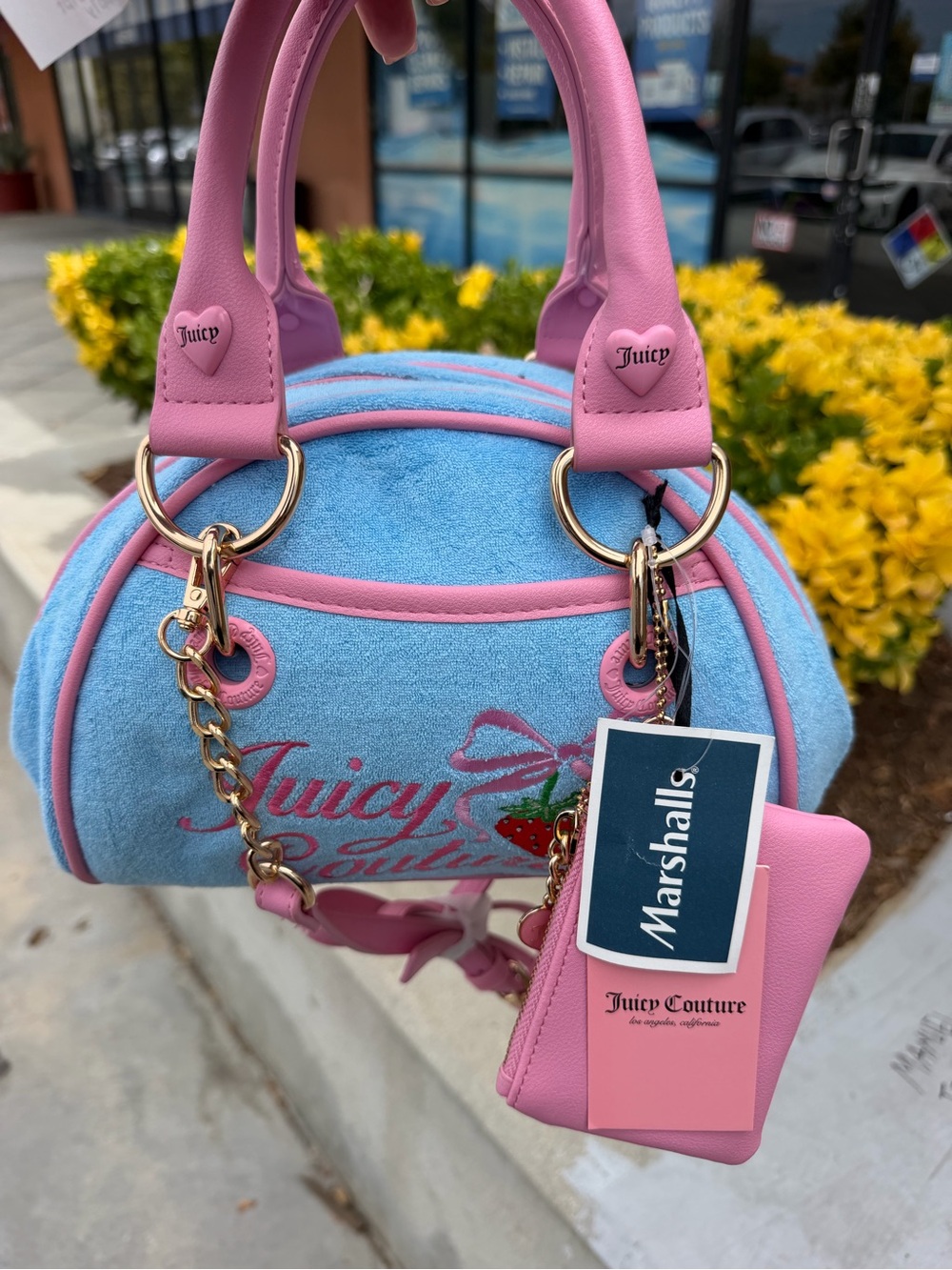 Juicy Couture Blue Suede Mini Satchel with Pink Trim